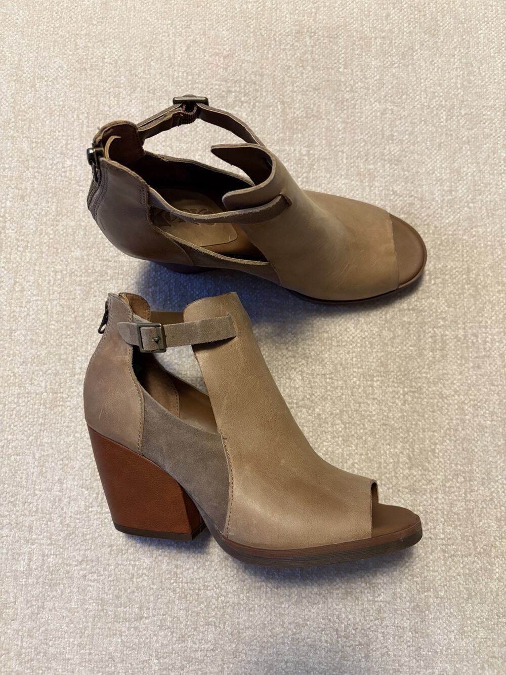 Korks Stella Leather Suede Peeptoe Ankle Booties Boots sandals heel size 8